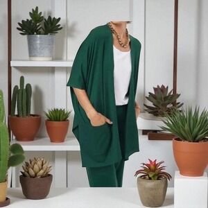 Susan Graver Weekend Emerald Green V Neck Dolman Sleeve Knit‎ Cardigan L
